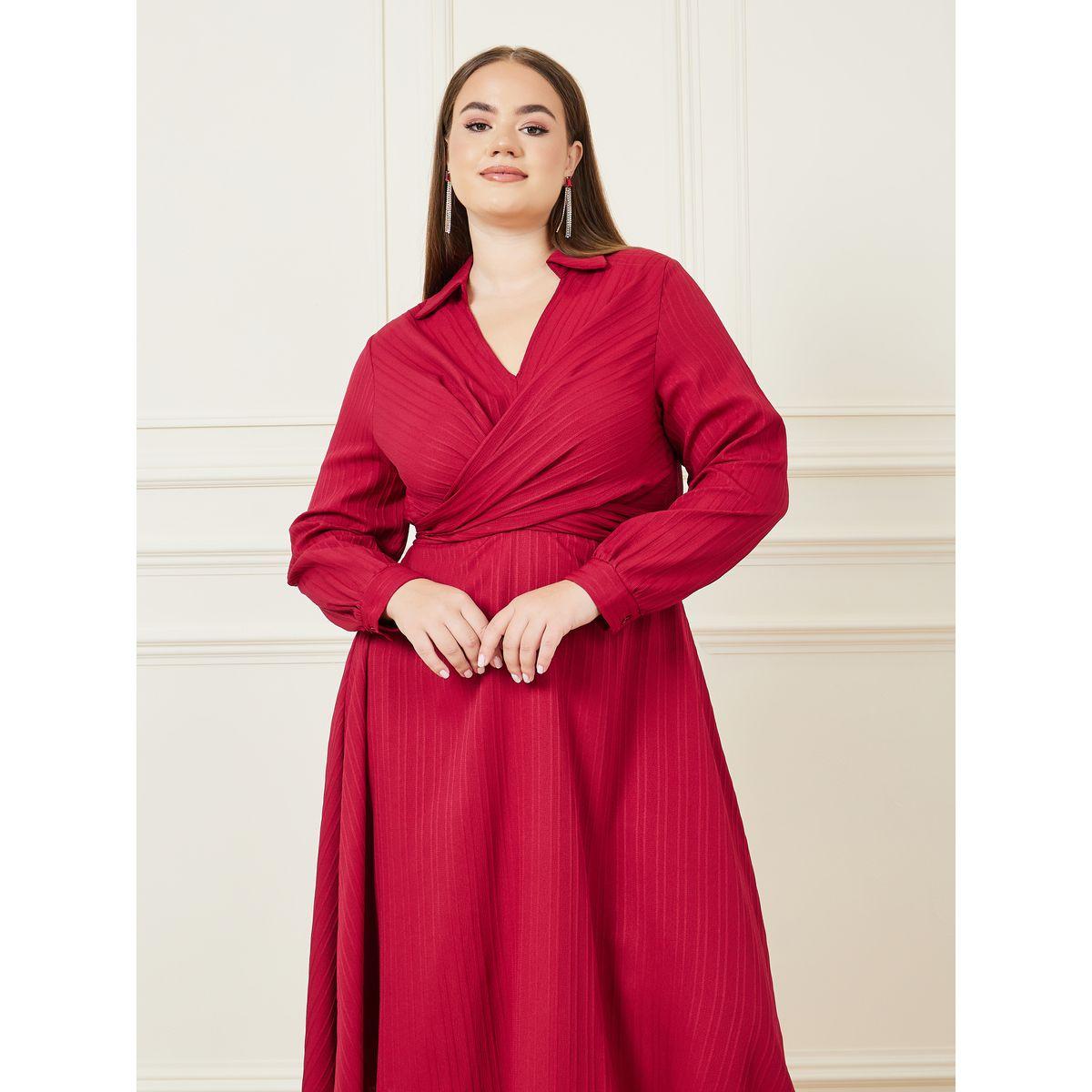 Styli Plus Textured Collared Back Tie Up A-line Midi Dress-women-clothing-dresses-image-3