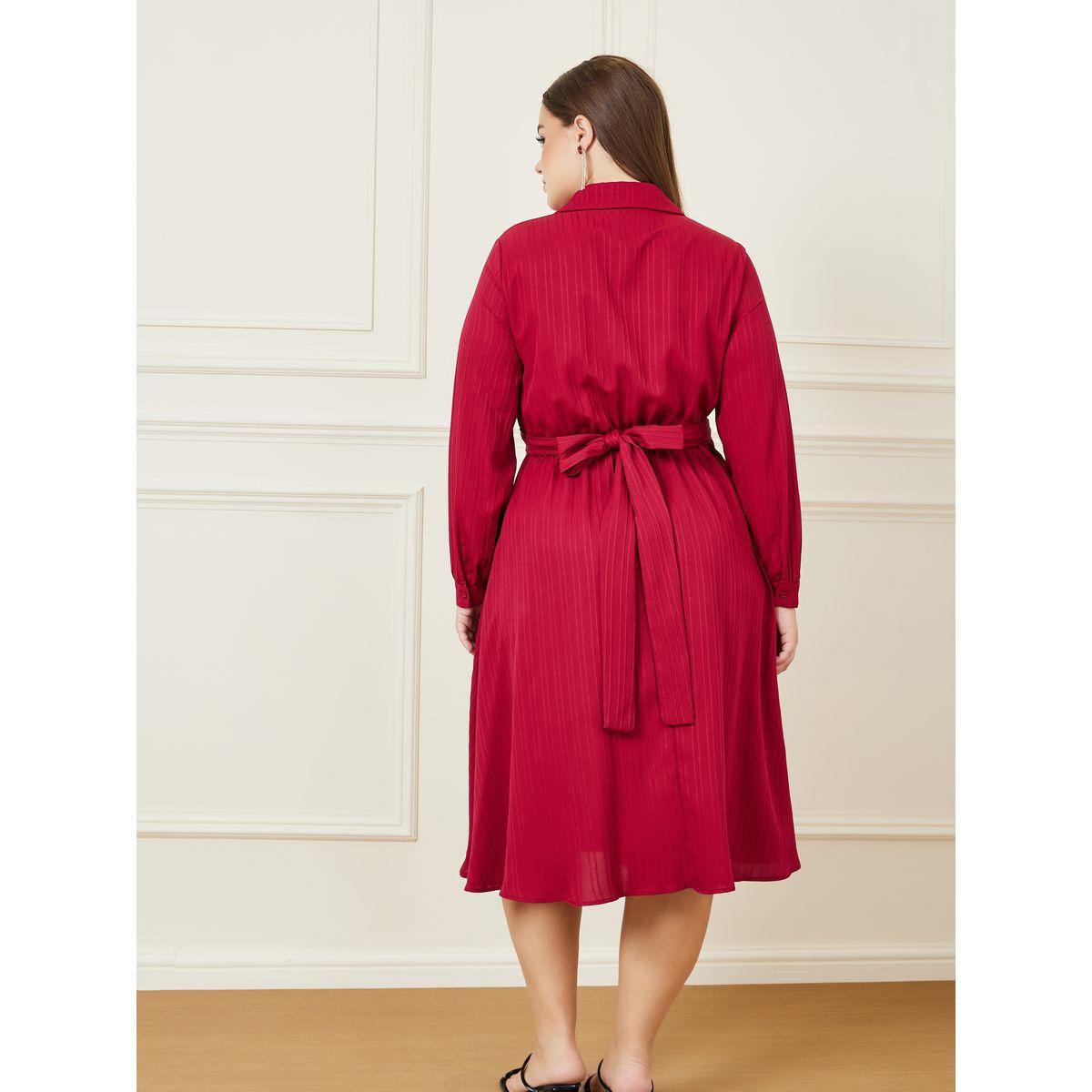 Styli Plus Textured Collared Back Tie Up A-line Midi Dress-women-clothing-dresses-image-5