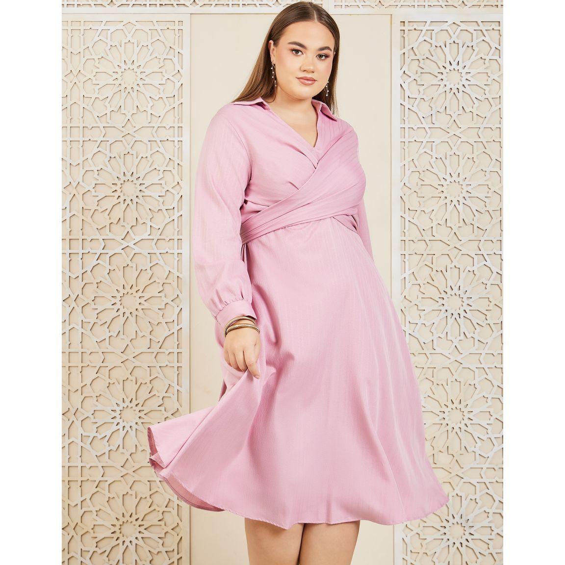 فستان ميدي بتفاصيل بارزة الملمس مع رباط-women-clothing-dresses-image-1