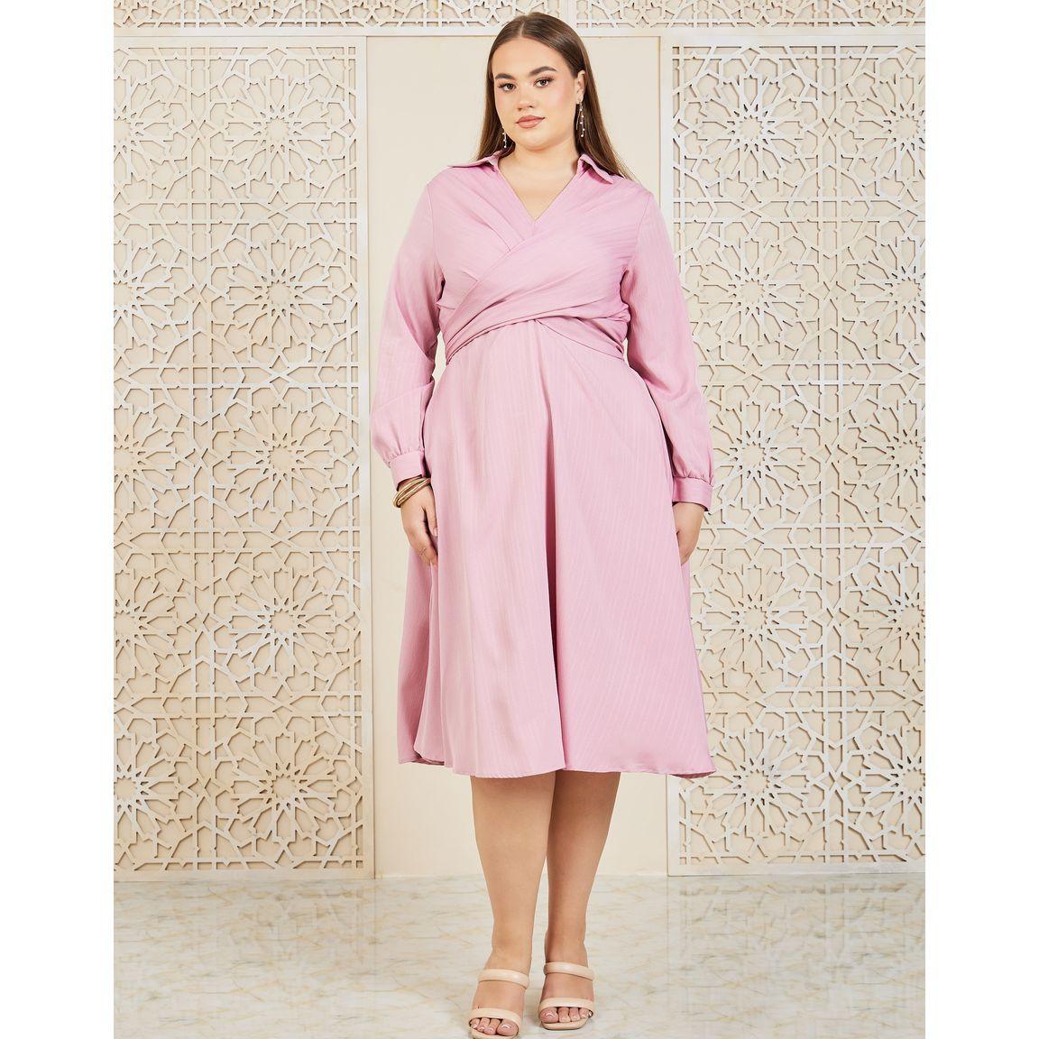 فستان ميدي بتفاصيل بارزة الملمس مع رباط-women-clothing-dresses-image-2