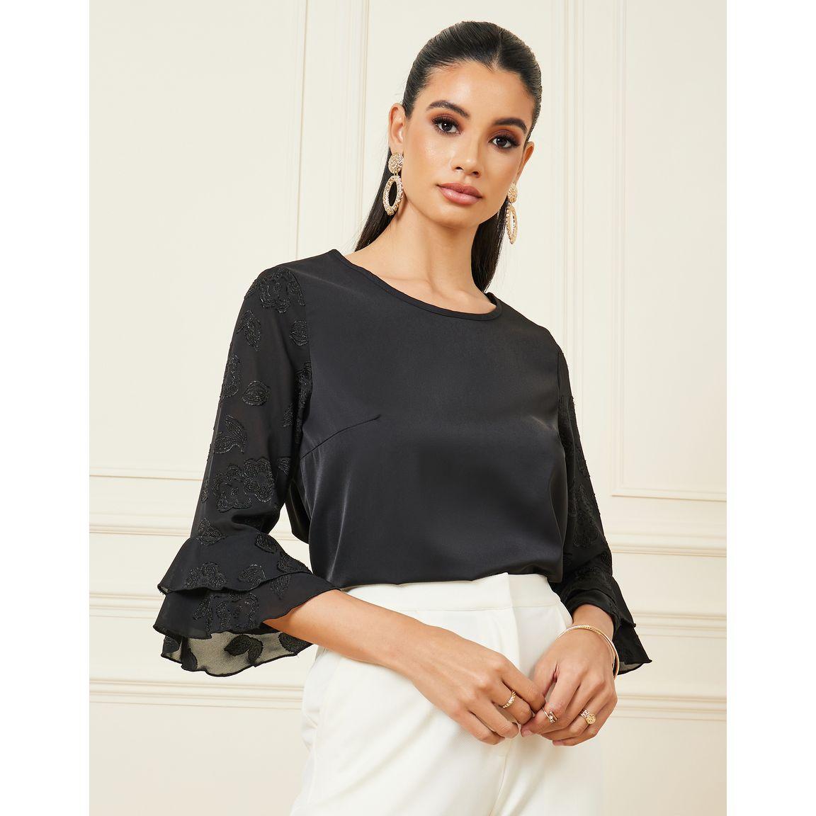 Styli Jacquard Ruffled Sleeve Detail Blouse-women-clothing-shirtsandblouses-blouses-image-1