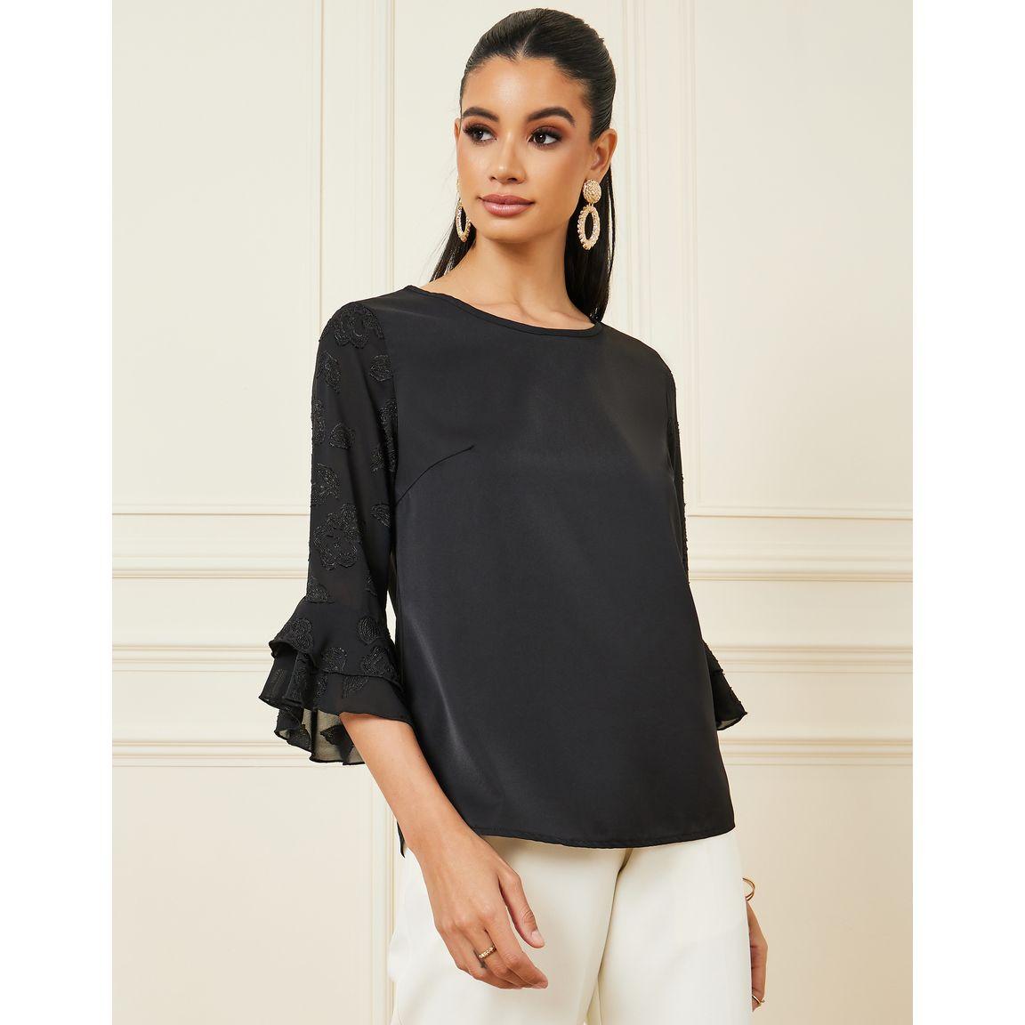 Styli Jacquard Ruffled Sleeve Detail Blouse-women-clothing-shirtsandblouses-blouses-image-2