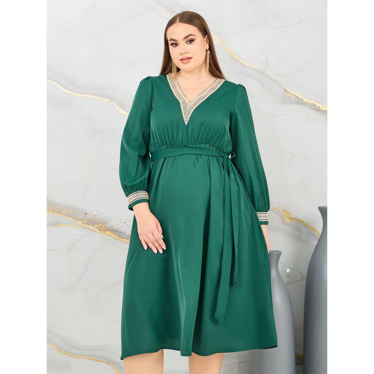 Styli Plus Lace Detail V Neck A-Line Midi Dress-women-clothing-dresses-image-2