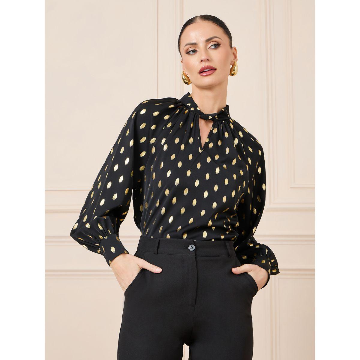 Styli Foil Keyhole Neck Long Sleeve Blouse-women-clothing-shirtsandblouses-blouses-image-1