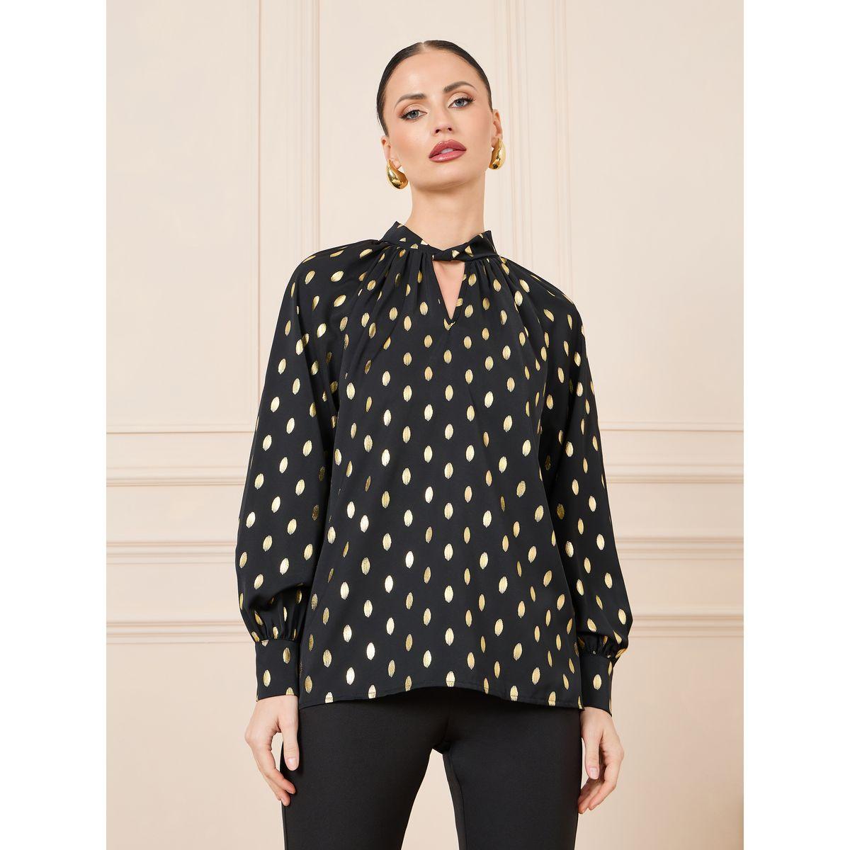 Styli Foil Keyhole Neck Long Sleeve Blouse-women-clothing-shirtsandblouses-blouses-image-2