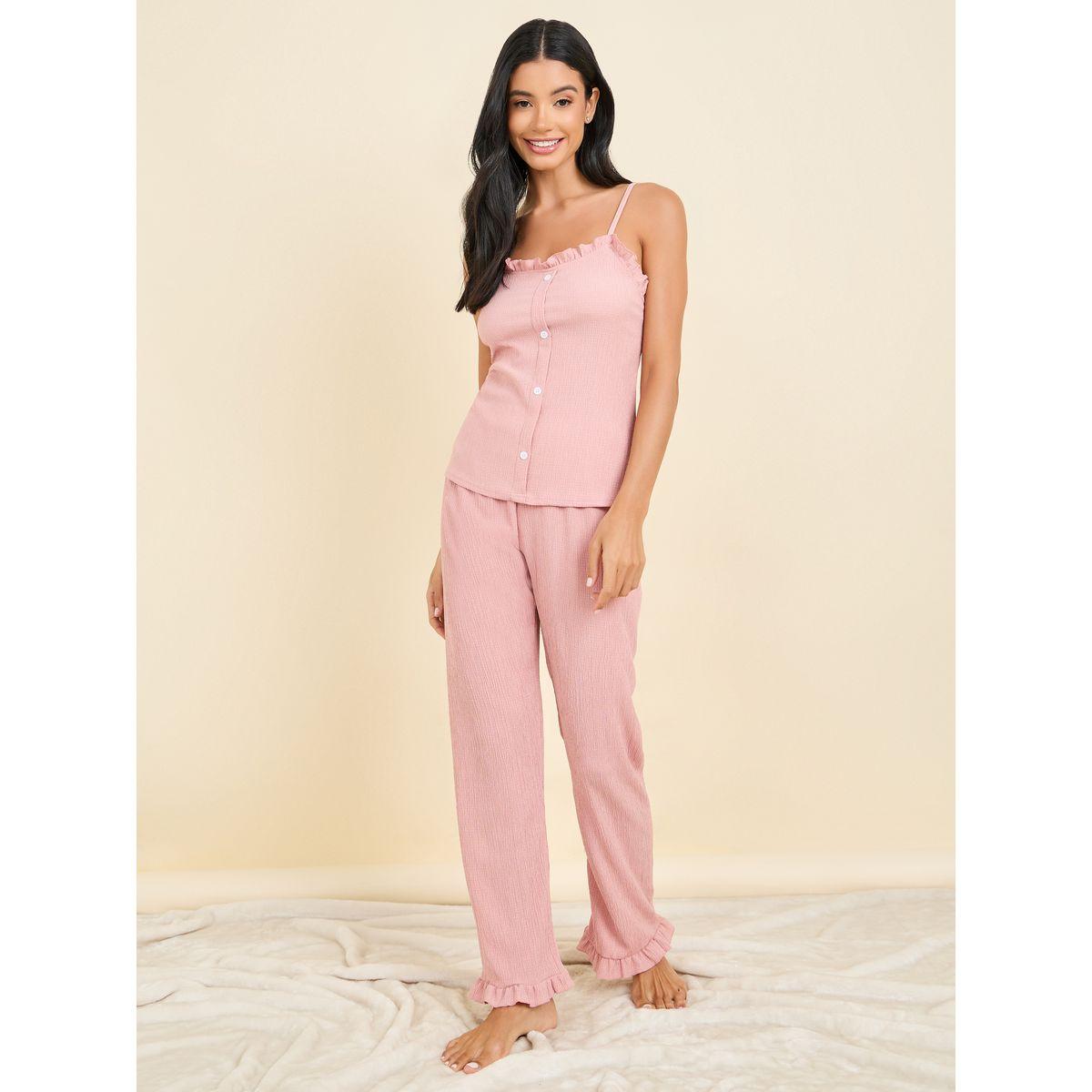مجموعة من بنطال بيجاما وبلوزة بحمالات وكشكش-women-clothing-nightwear-pyjamas-longsets-image-2
