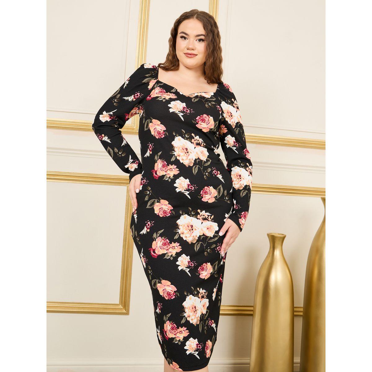Styli Floral Print Sweetheart Neck Bodycon Midi Dress-women-clothing-dresses-image-1