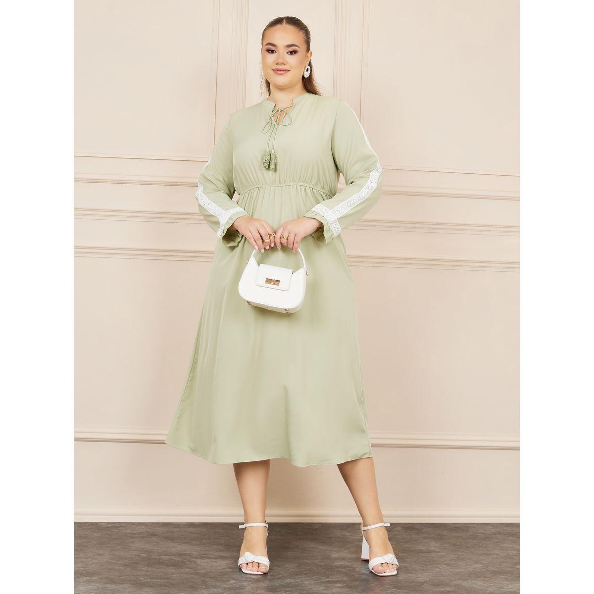 Styli Plus Lace Detail Tie Up Neck A-Line Midi Dress-women-clothing-dresses-image-1