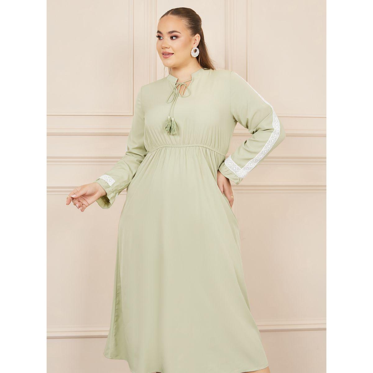 Styli Plus Lace Detail Tie Up Neck A-Line Midi Dress-women-clothing-dresses-image-2