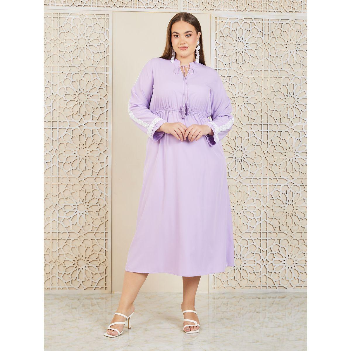 Styli Plus Lace Detail Tie Up Neck A-Line Midi Dress-women-clothing-dresses-image-1
