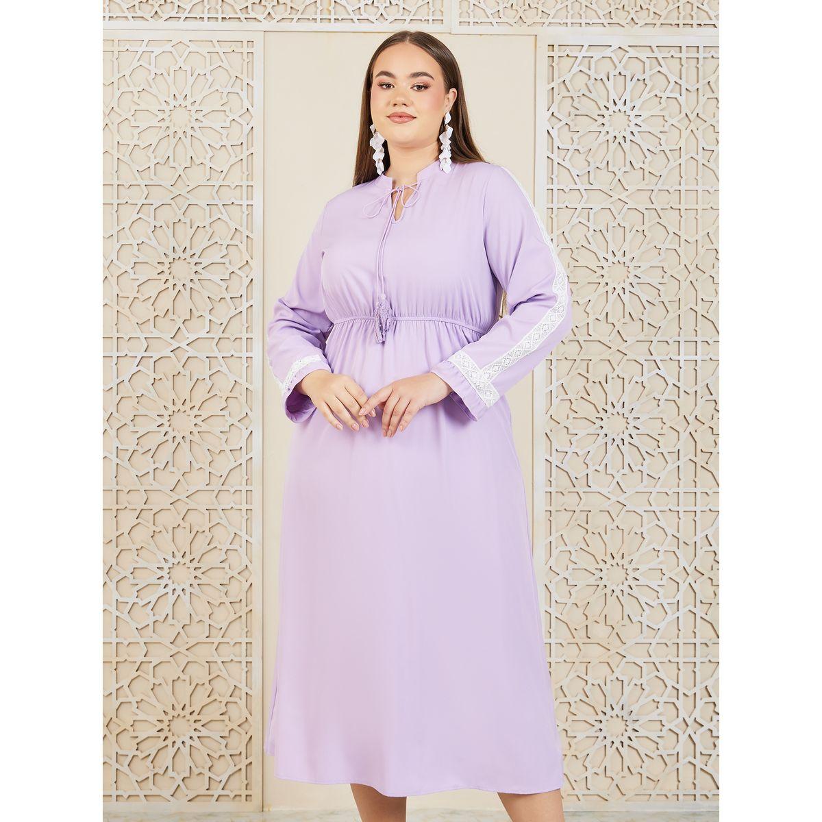 Styli Plus Lace Detail Tie Up Neck A-Line Midi Dress-women-clothing-dresses-image-2