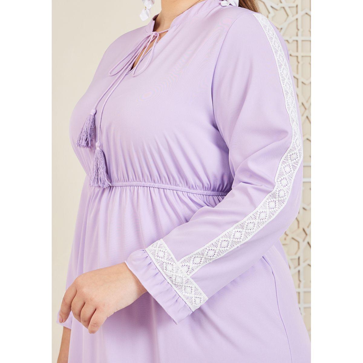 Styli Plus Lace Detail Tie Up Neck A-Line Midi Dress-women-clothing-dresses-image-3