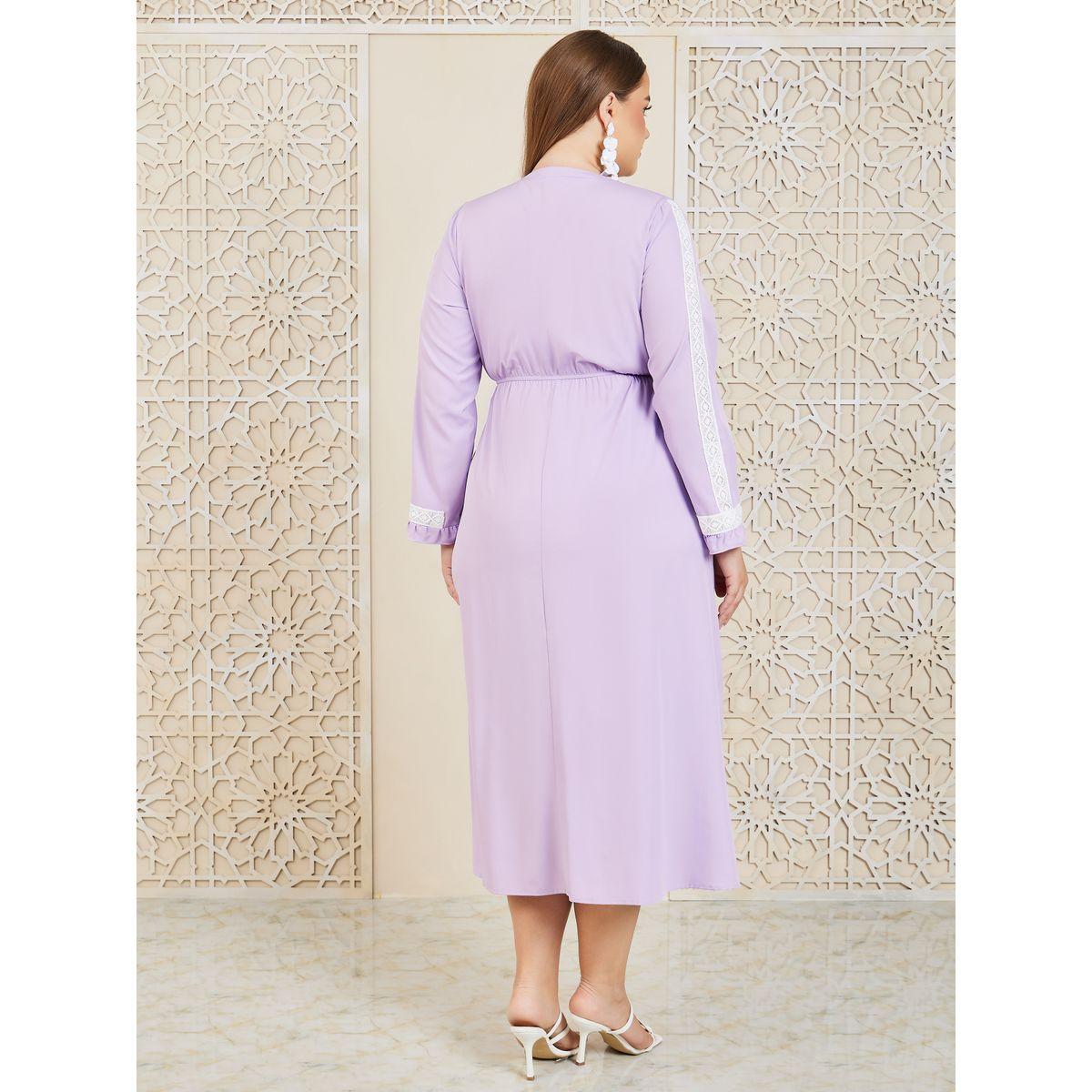 Styli Plus Lace Detail Tie Up Neck A-Line Midi Dress-women-clothing-dresses-image-4