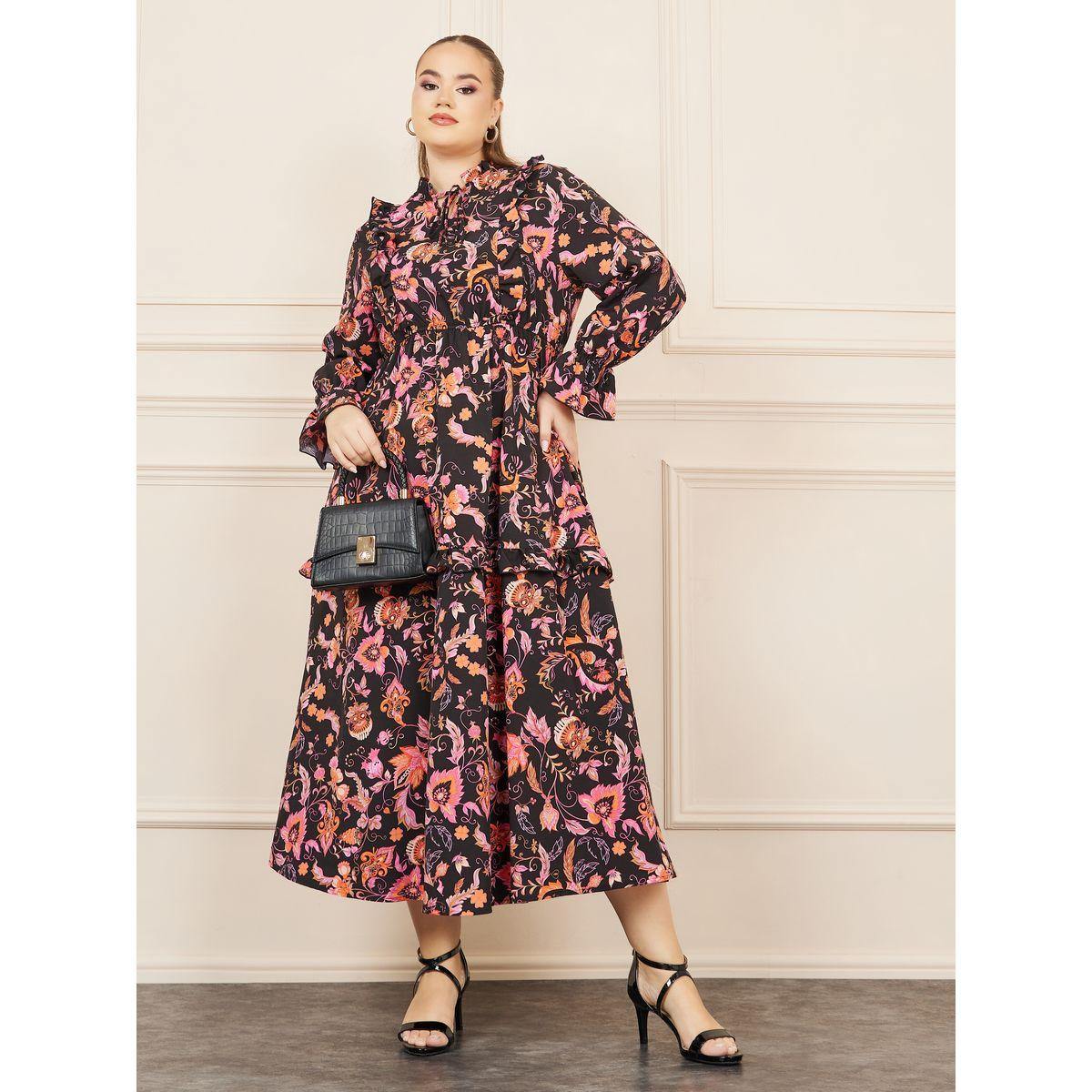 Styli Plus Bohemian Print Tie Up Neck A-line Midi Dress-women-clothing-dresses-image-1