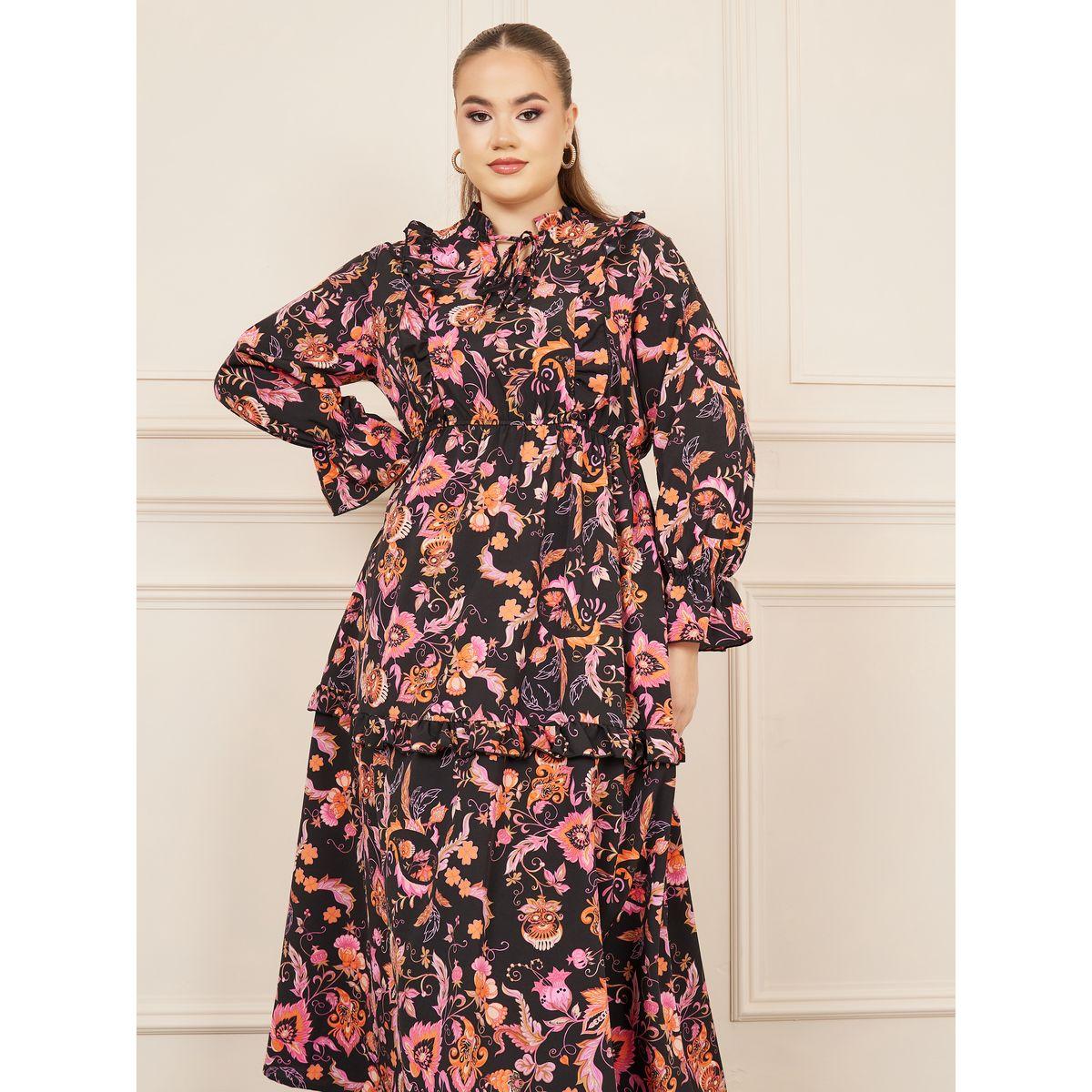 Styli Plus Bohemian Print Tie Up Neck A-line Midi Dress-women-clothing-dresses-image-2