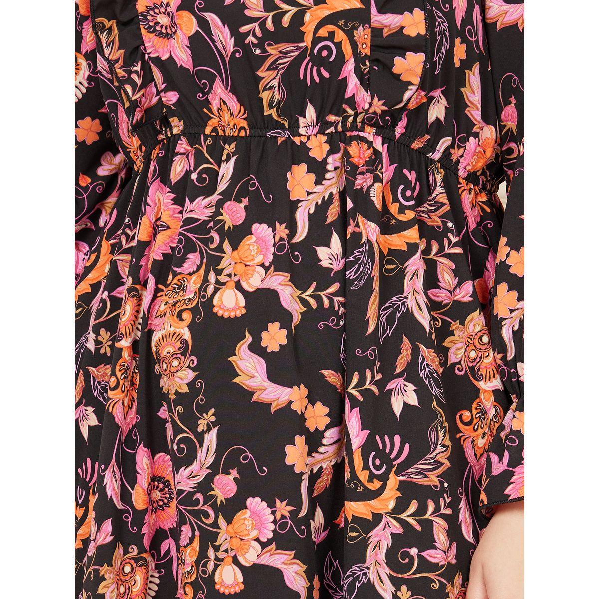 Styli Plus Bohemian Print Tie Up Neck A-line Midi Dress-women-clothing-dresses-image-3