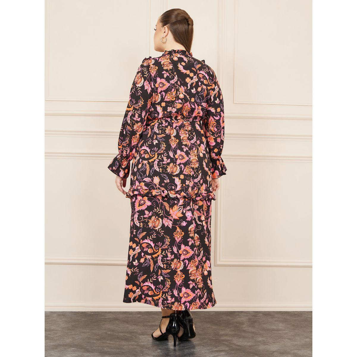 Styli Plus Bohemian Print Tie Up Neck A-line Midi Dress-women-clothing-dresses-image-4