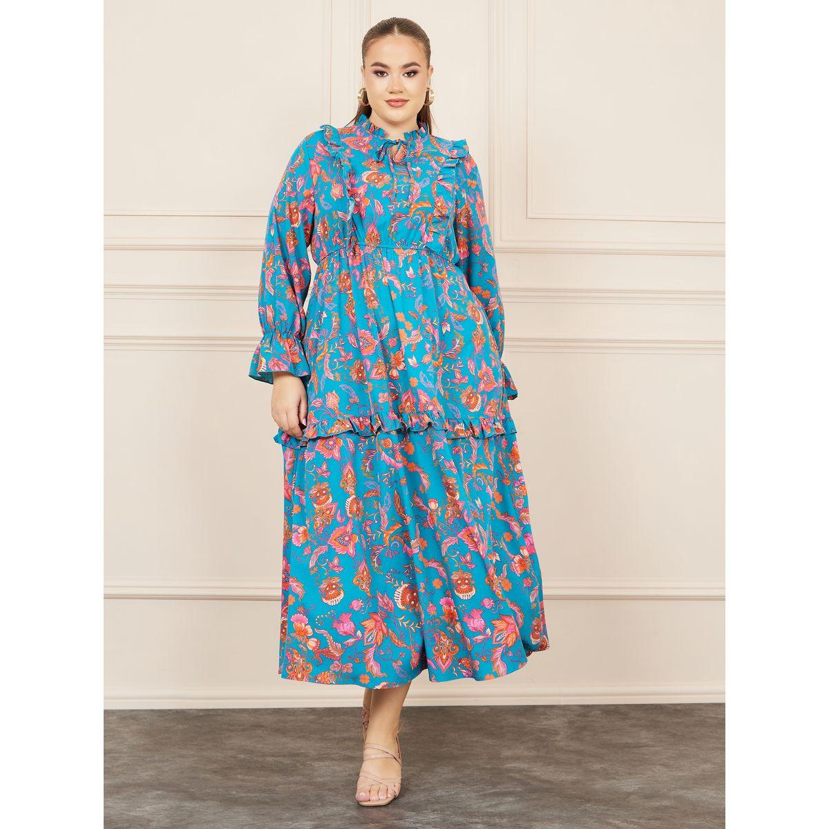Styli Plus Bohemian Print Tie Up Neck A-line Midi Dress-women-clothing-dresses-image-1