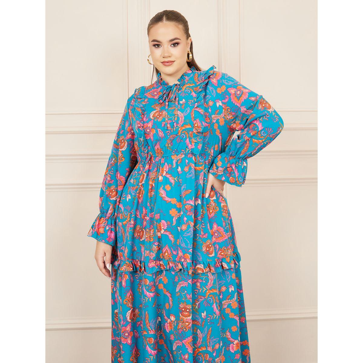 Styli Plus Bohemian Print Tie Up Neck A-line Midi Dress-women-clothing-dresses-image-2