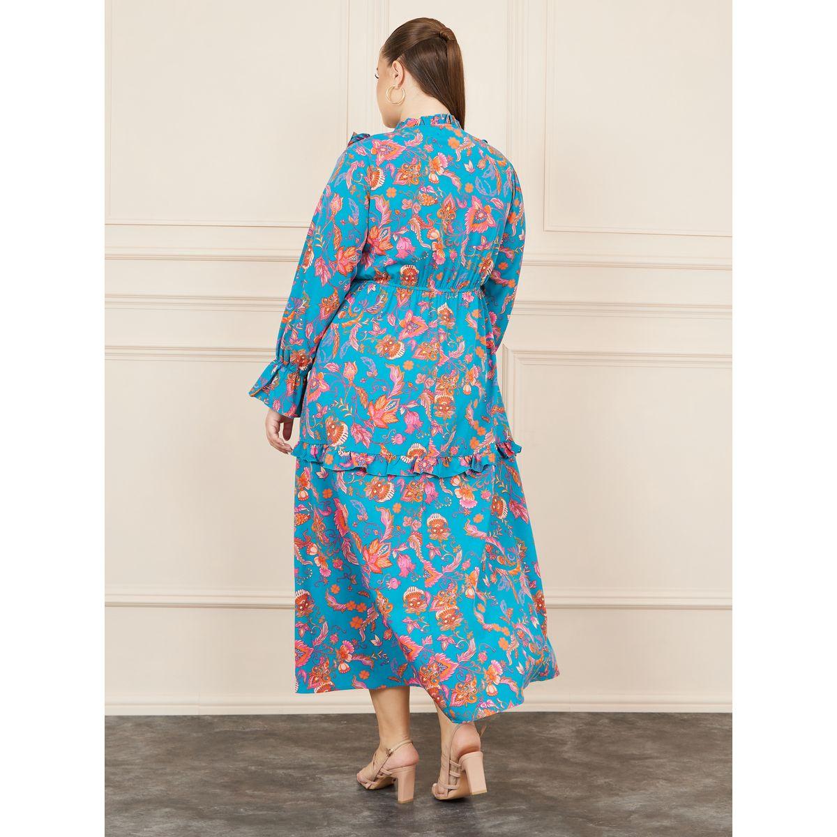 Styli Plus Bohemian Print Tie Up Neck A-line Midi Dress-women-clothing-dresses-image-4