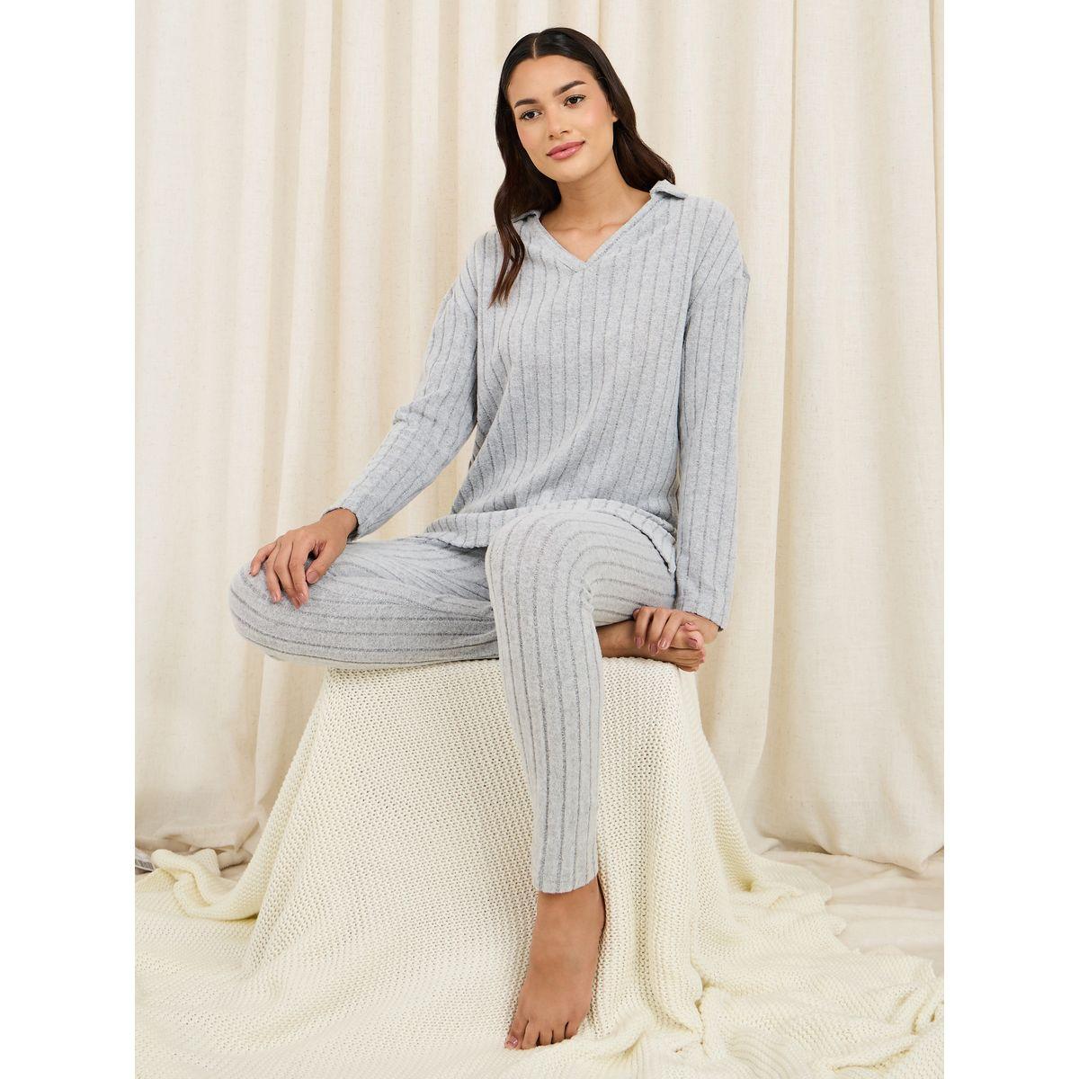Styli Unwind Ribbed Collared Longline Top and Legging Lounge Set-women-clothing-coordsets-image-1