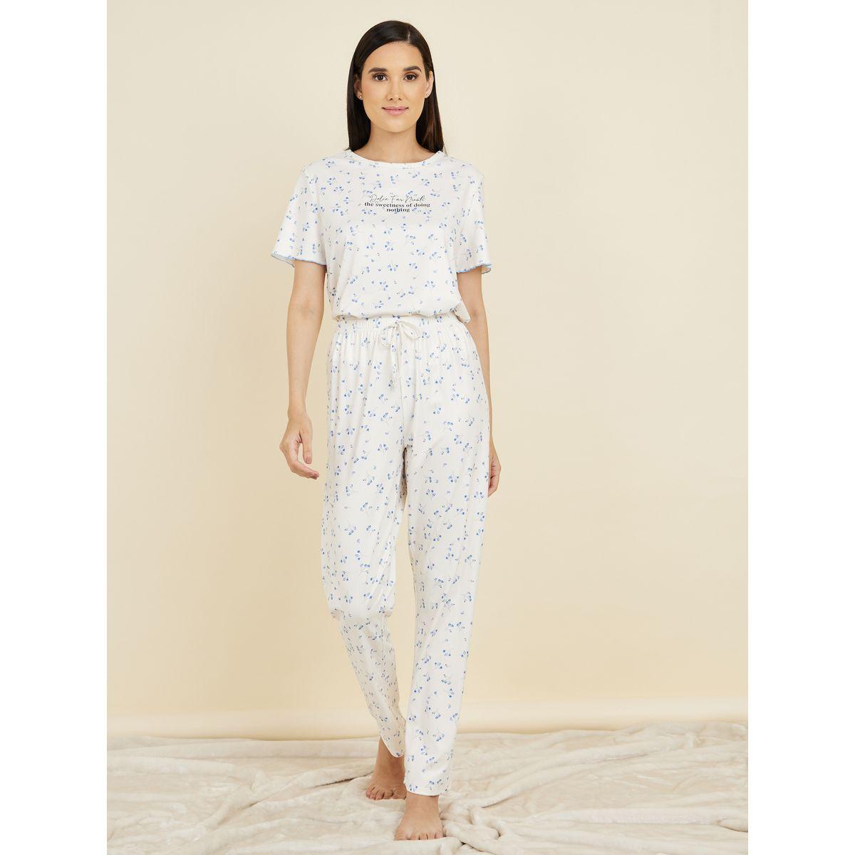 Styli Unwind Floral AOP Ribbed Lettuce Hem T-shirt and Pyjama Set-women-clothing-nightwear-pyjamas-longsets-image-1