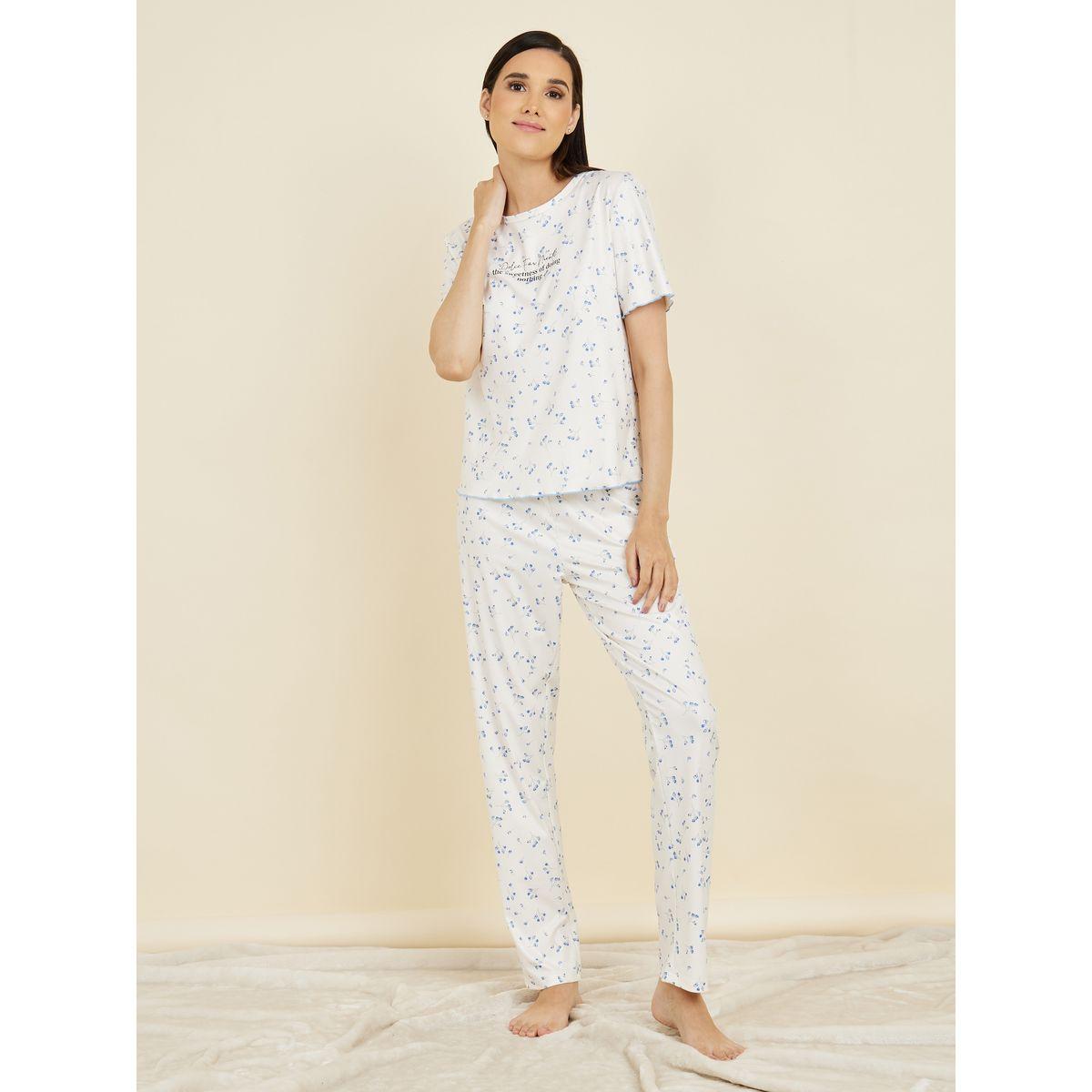 Styli Unwind Floral AOP Ribbed Lettuce Hem T-shirt and Pyjama Set-women-clothing-nightwear-pyjamas-longsets-image-2