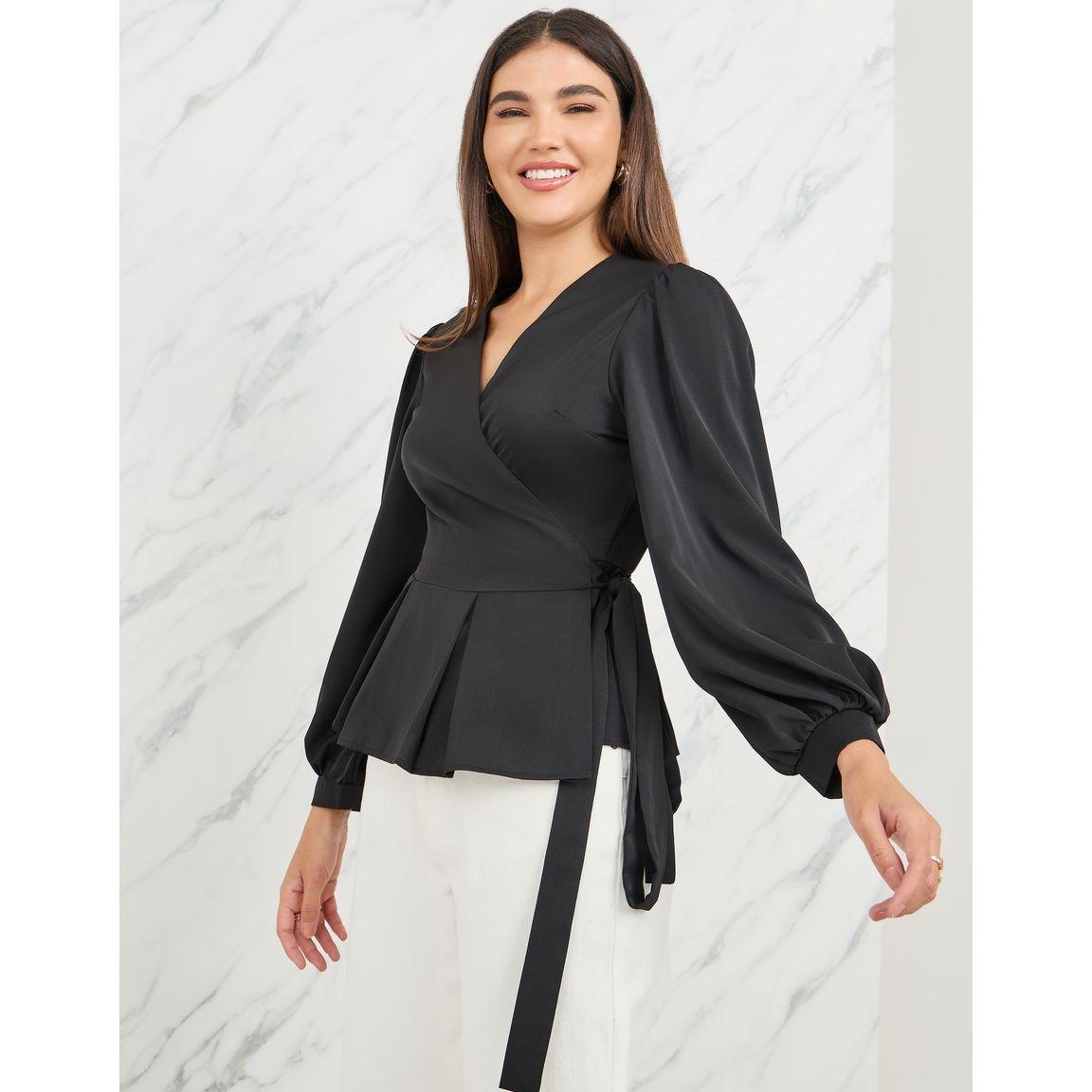 Styli V Neck Wrap Top with Balloon Sleeves-women-clothing-shirtsandblouses-blouses-image-1