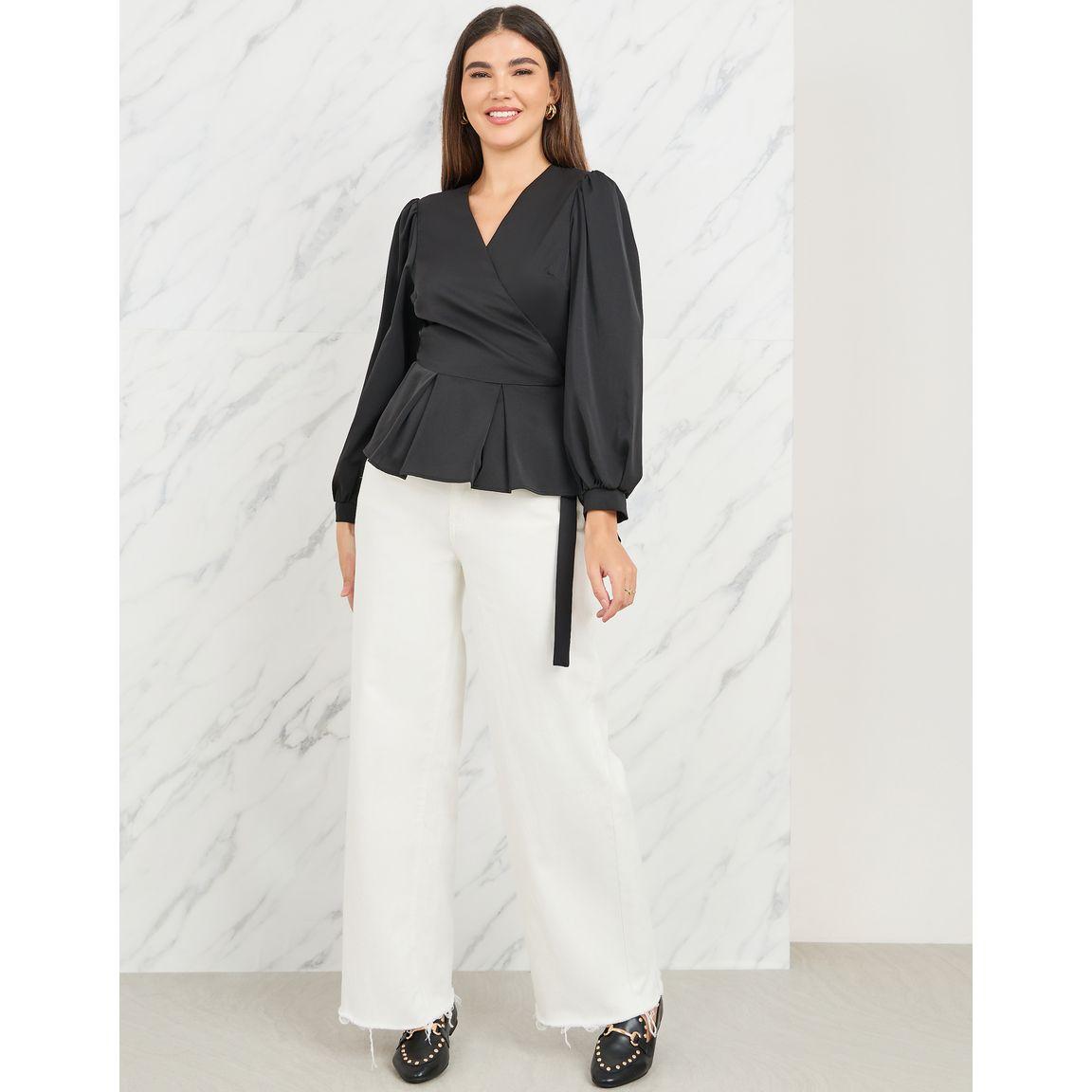 Styli V Neck Wrap Top with Balloon Sleeves-women-clothing-shirtsandblouses-blouses-image-2