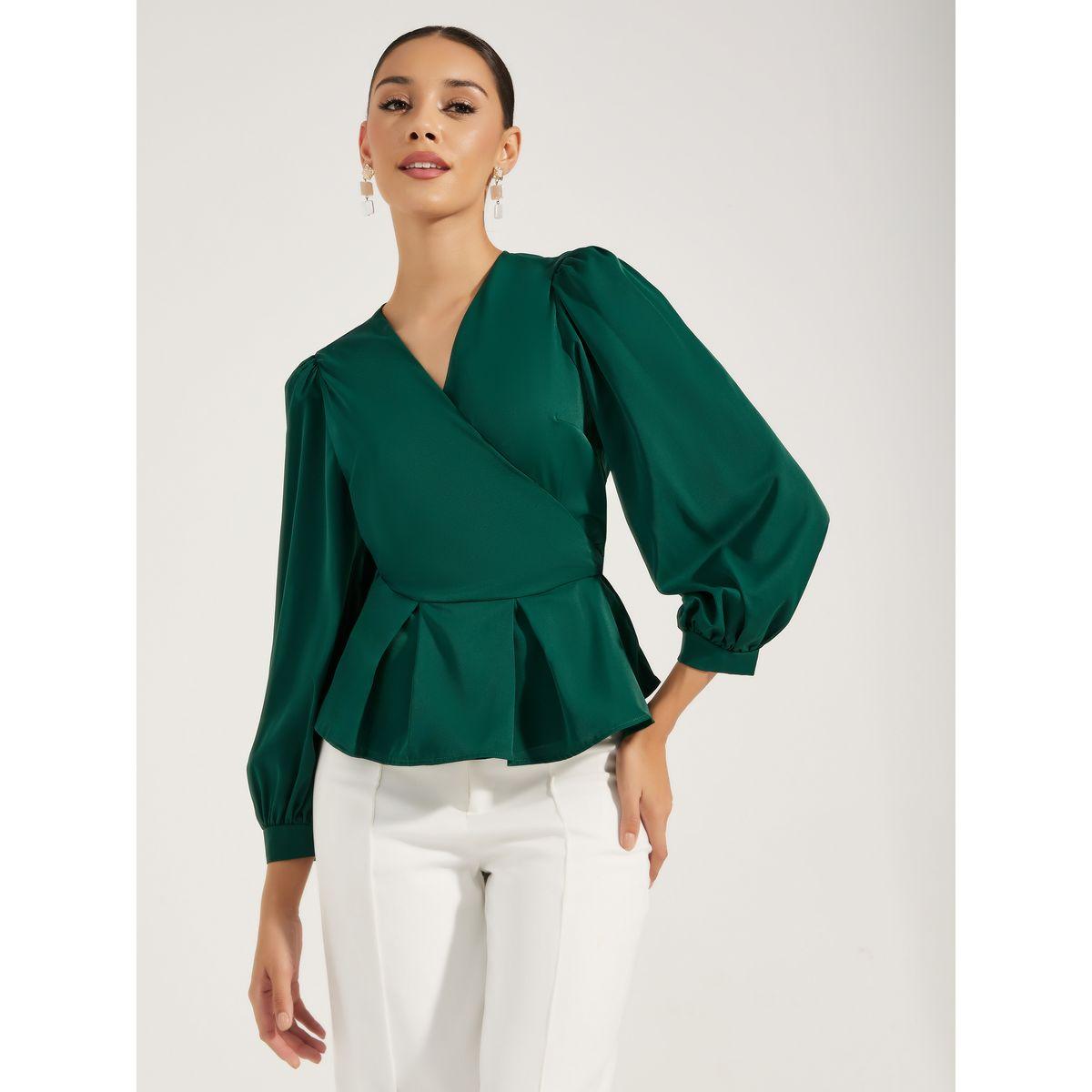 Styli V Neck Peplum Wrap Top with Tie Waist-women-clothing-shirtsandblouses-blouses-image-1