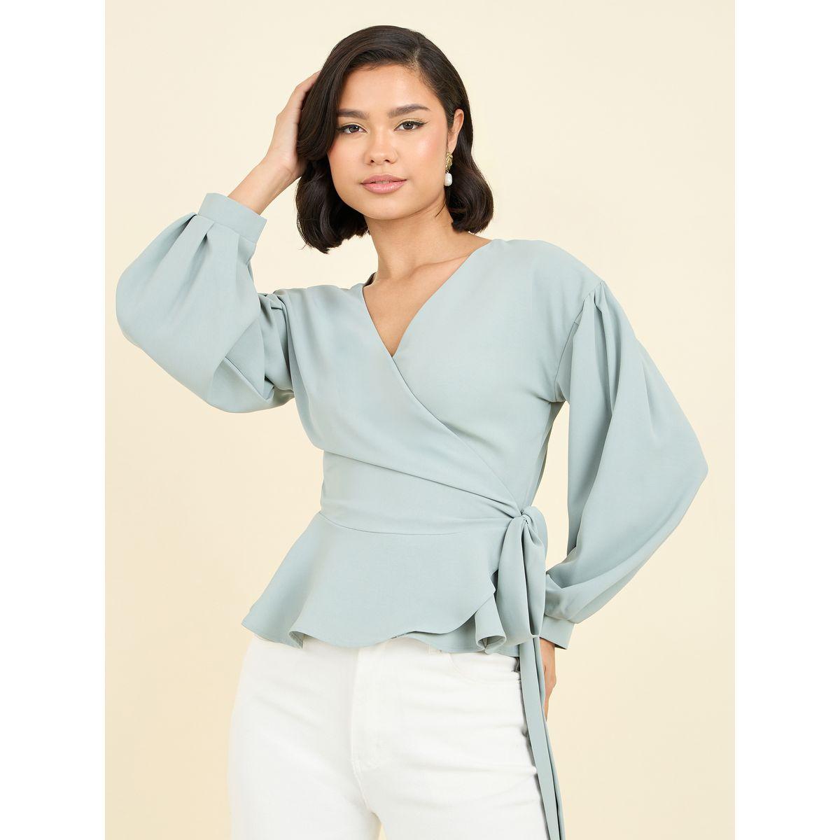 Styli Solid Ruffle Hem Regular Fit Wrap Top-women-clothing-shirtsandblouses-blouses-image-1