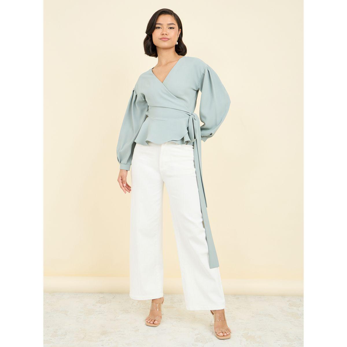 Styli Solid Ruffle Hem Regular Fit Wrap Top-women-clothing-shirtsandblouses-blouses-image-2