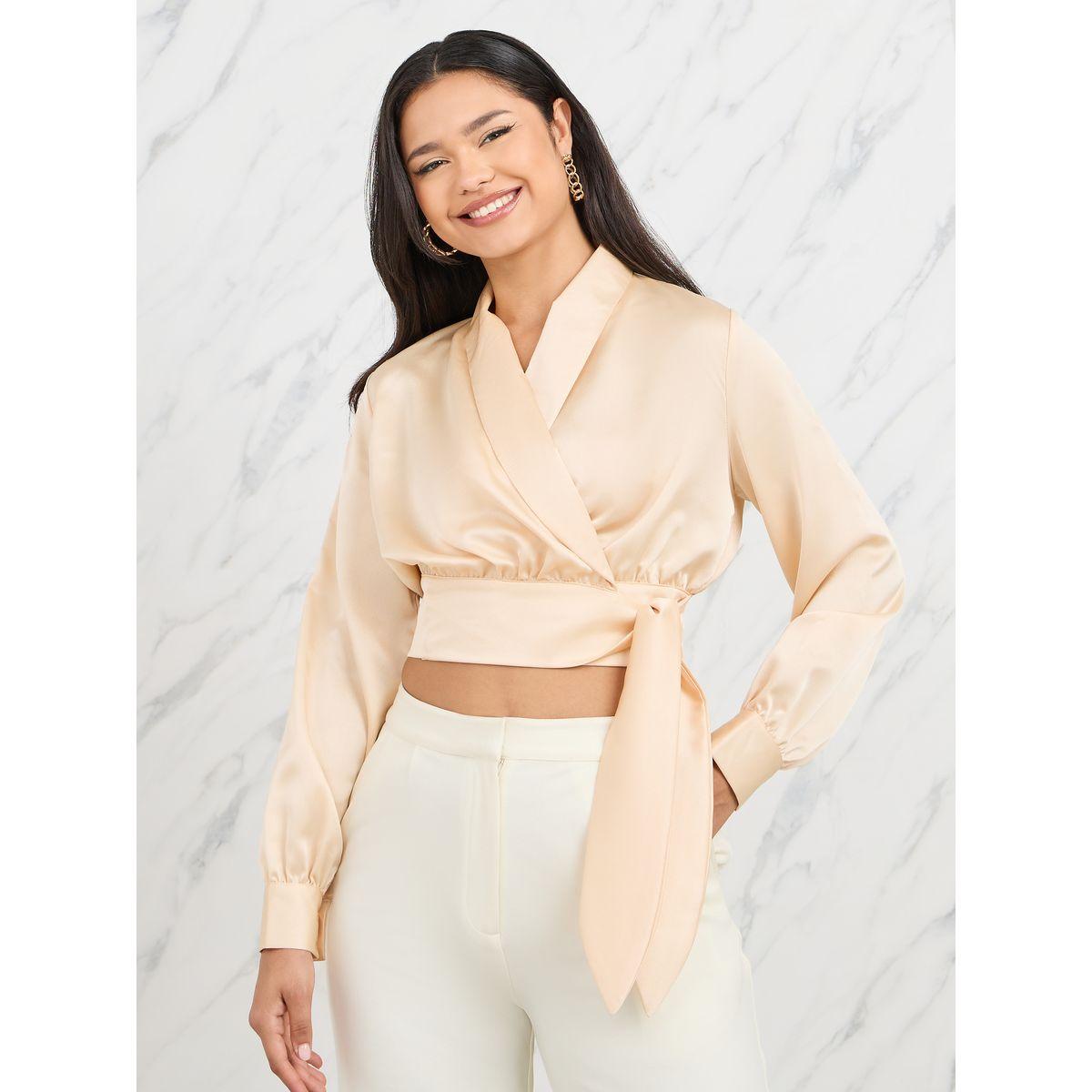 بلوزة ساتان قصيرة بنمط لف-women-clothing-shirtsandblouses-blouses-image-1