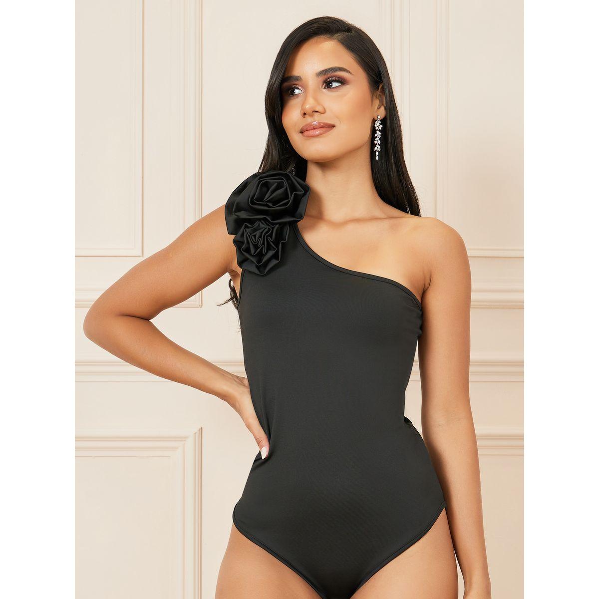 Styli Floral Applique One Shoulder Neck Fitted Bodysuit-women-clothing-tshirts-image-1
