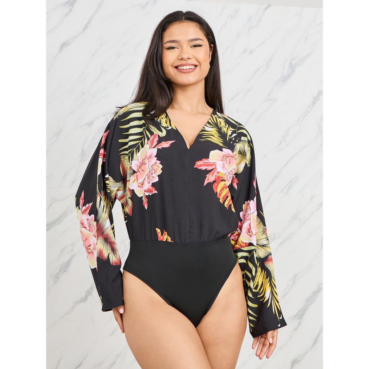 Styli Floral Print V Neck Long Sleeves Bodysuit-women-clothing-tshirts-image-1