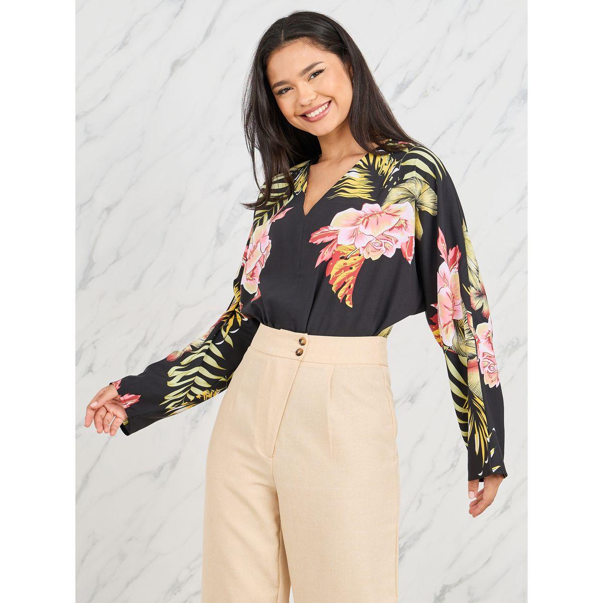 Styli Floral Print V Neck Long Sleeves Bodysuit-women-clothing-tshirts-image-4