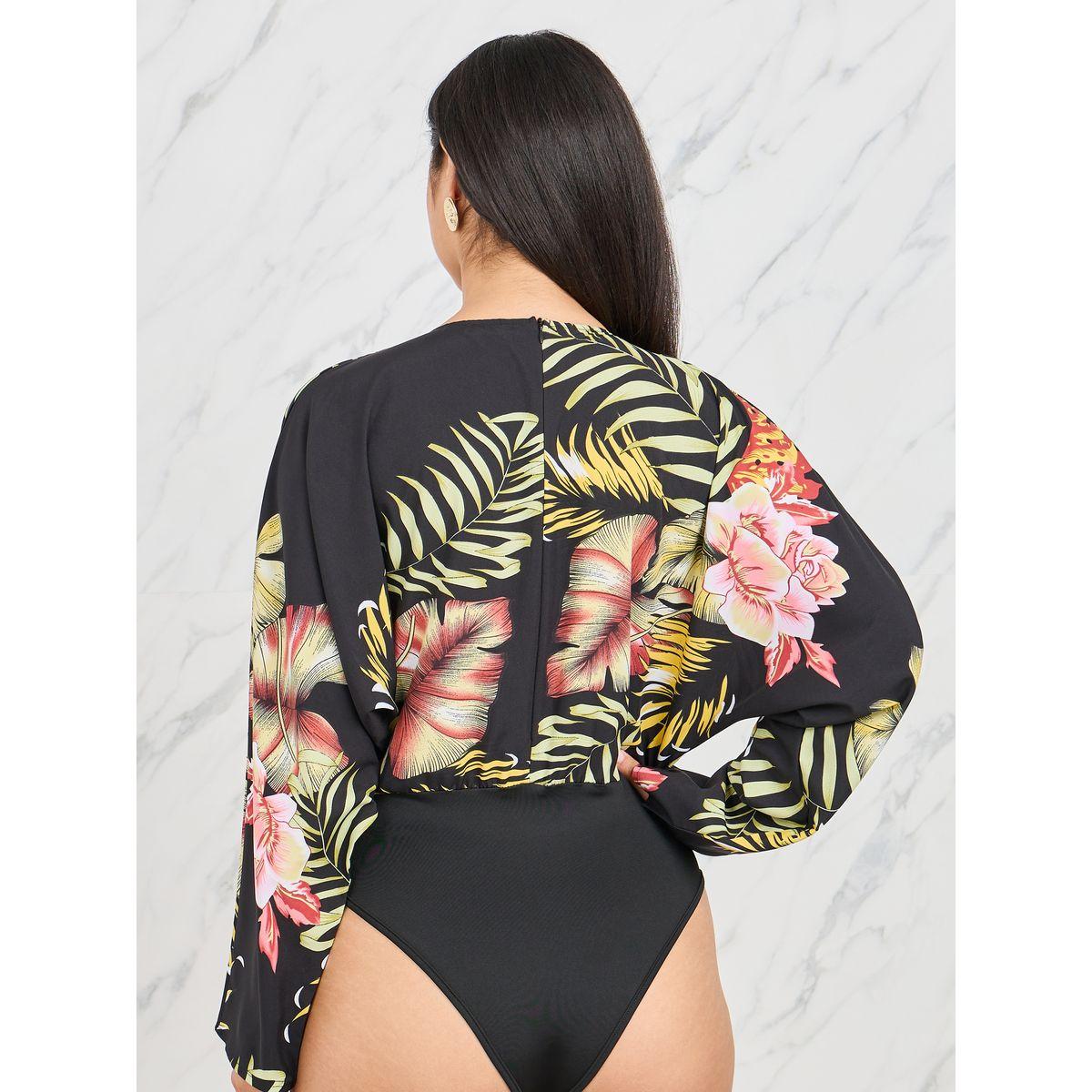 Styli Floral Print V Neck Long Sleeves Bodysuit-women-clothing-tshirts-image-5
