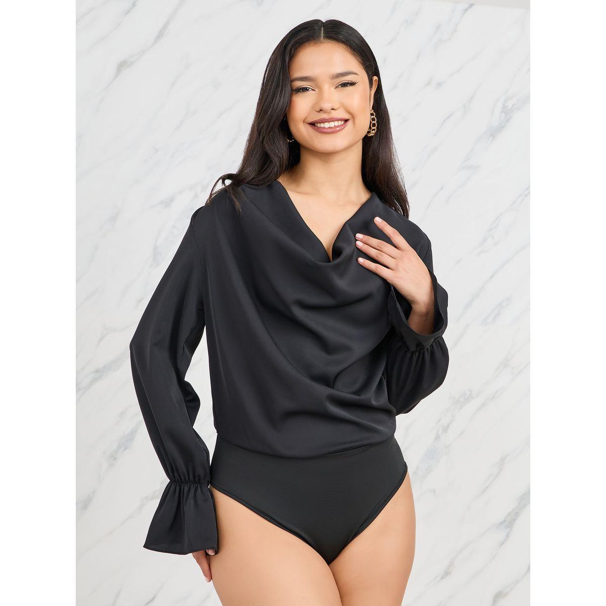 Styli V Neck Long Sleeves Solid Bodysuit-women-clothing-tshirts-image-1