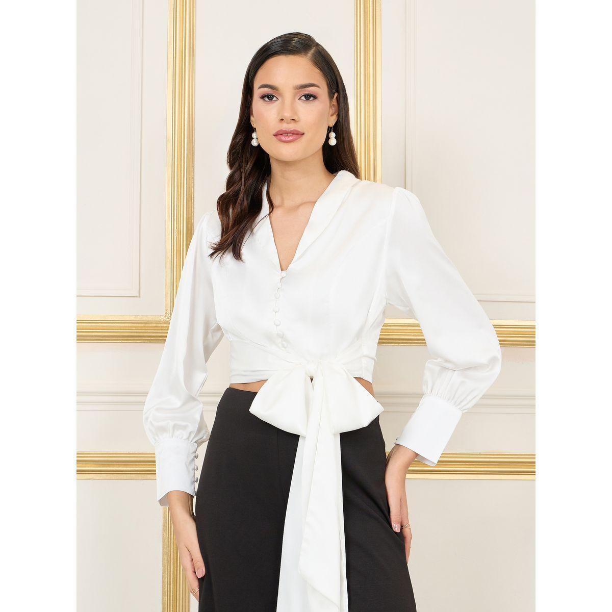 Styli Satin Collared Button Loop Closure Wrap Blouse-women-clothing-shirtsandblouses-blouses-image-1