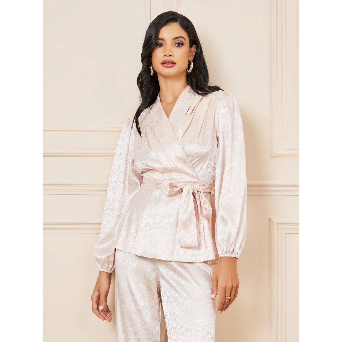 Styli Satin Jacquard Wrap Top & Wide Leg Pants Co-Ord-women-clothing-coordsets-image-2