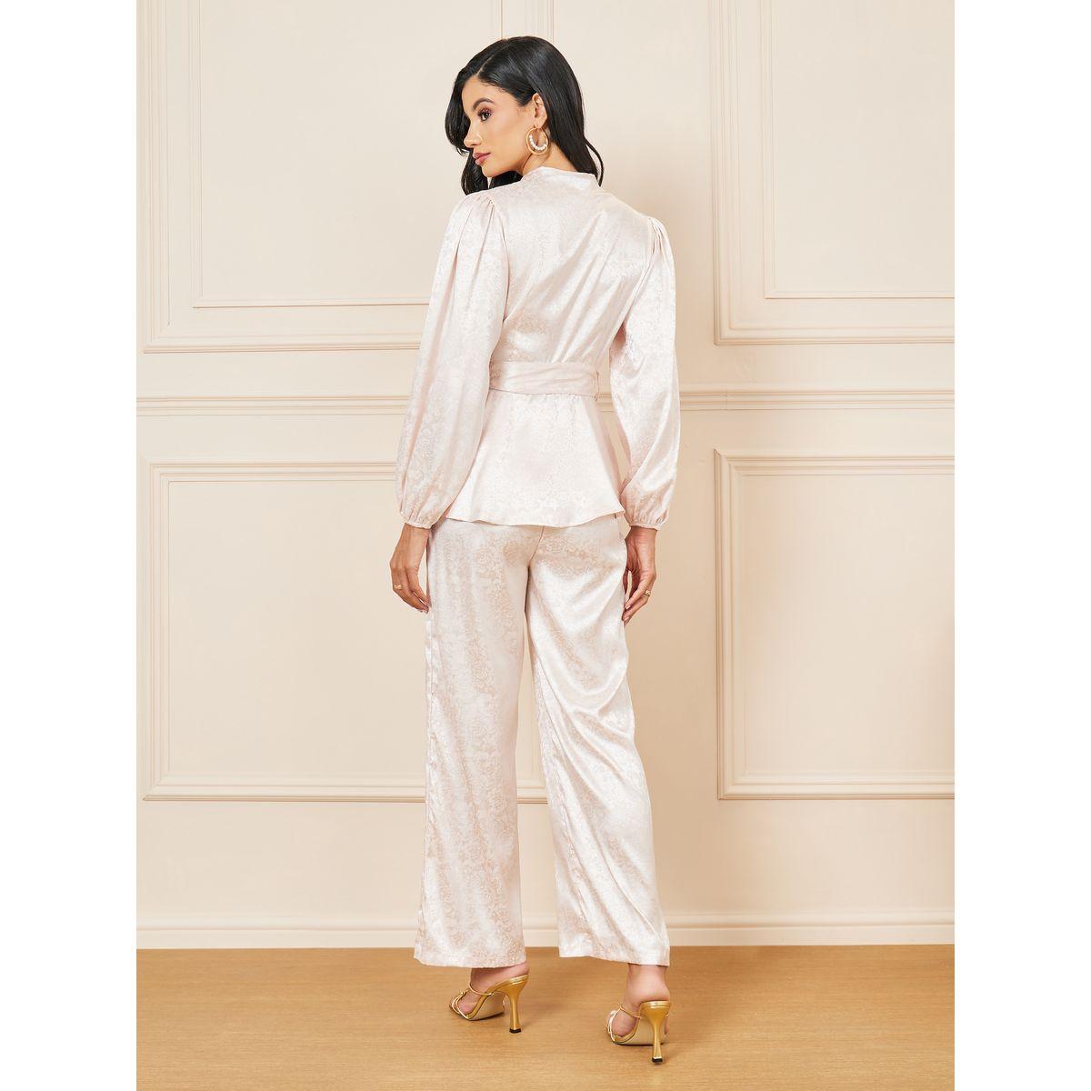 طقم منسق من بنطال وبلوزة ساتان بنمط لف-women-clothing-coordsets-image-4
