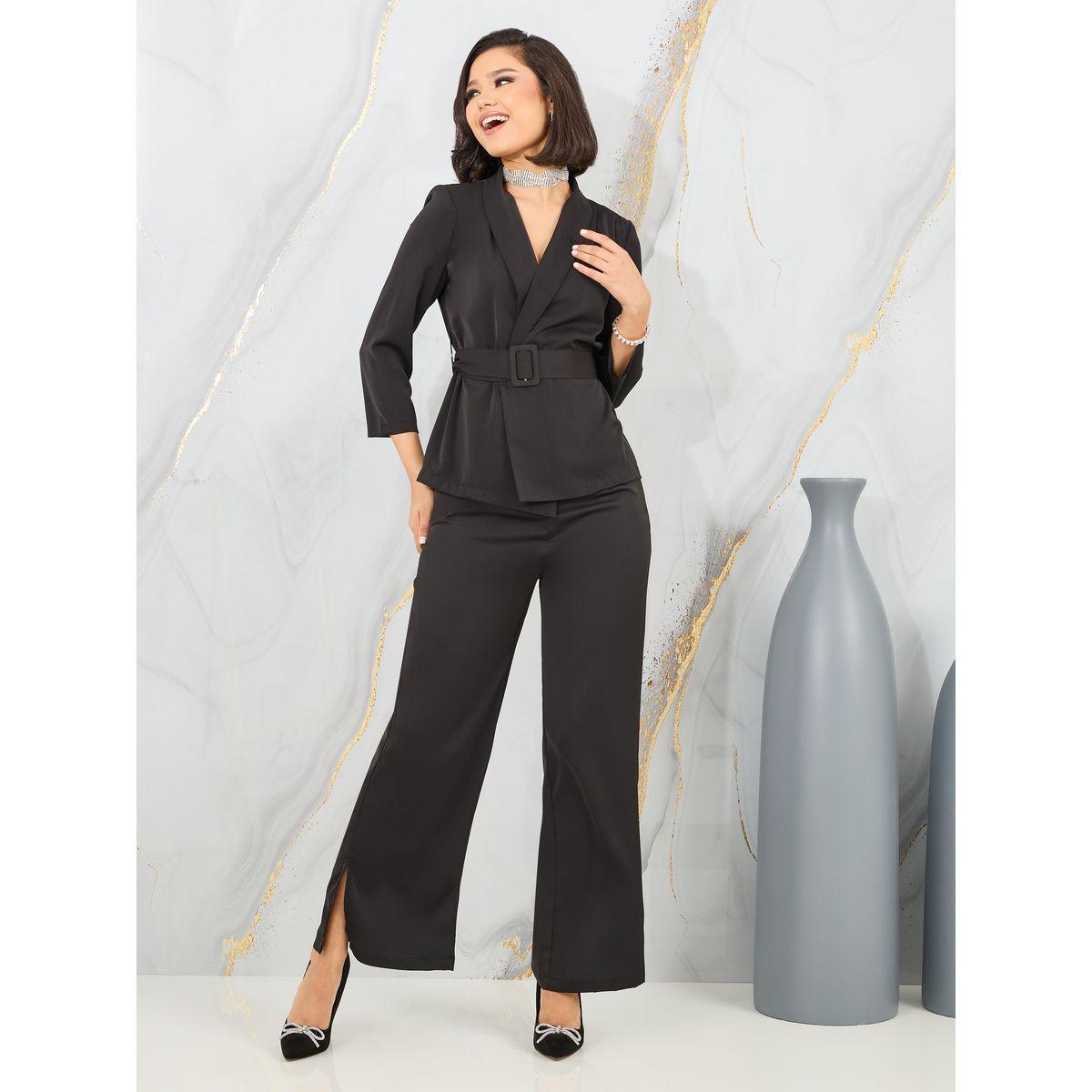 مجموعة من بنطال بارجل مستقيمة مع بليزر سادة-women-clothing-coordsets-image-1