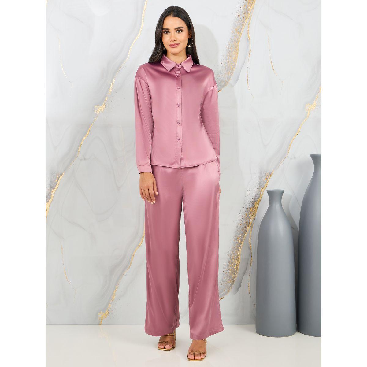 Styli Satin Slim Fit Shirt and Tailored Pant Set-women-clothing-coordsets-image-1