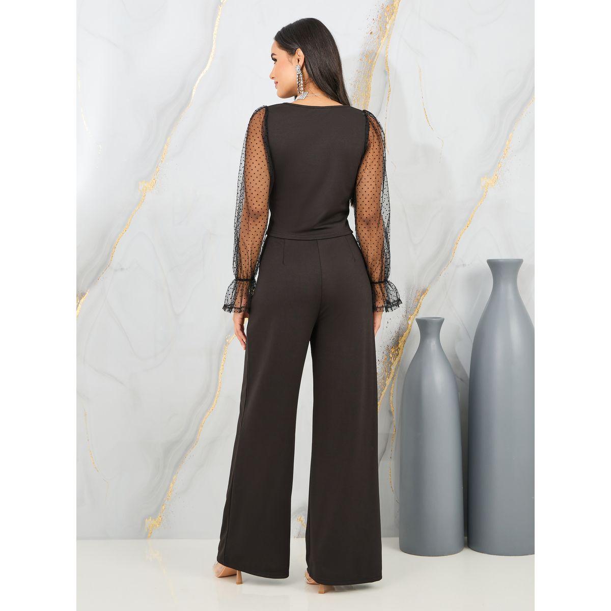 Styli Dobby Mesh Sleeves Blouse and Tailored Pant Set-women-clothing-coordsets-image-4