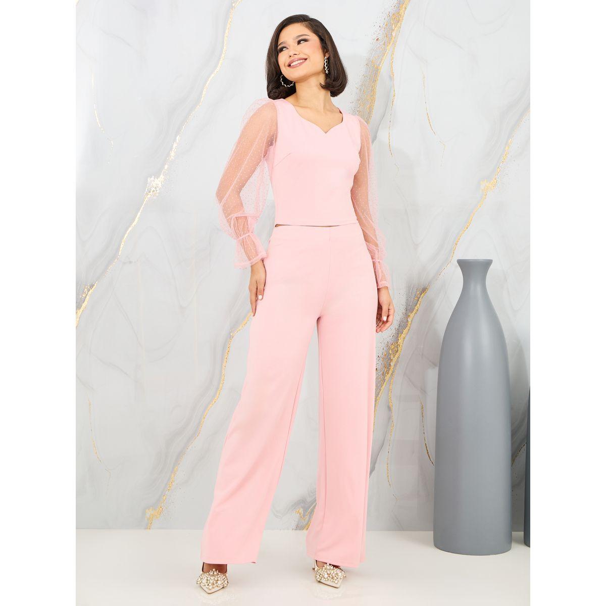 Styli Dobby Mesh Sleeves Blouse and Tailored Pant Set-women-clothing-coordsets-image-1