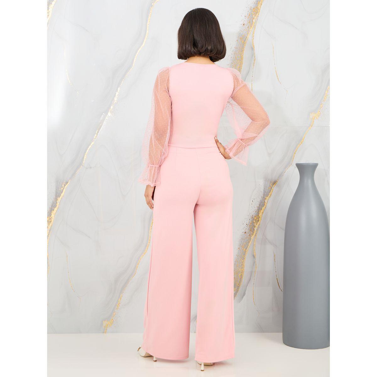 Styli Dobby Mesh Sleeves Blouse and Tailored Pant Set-women-clothing-coordsets-image-4