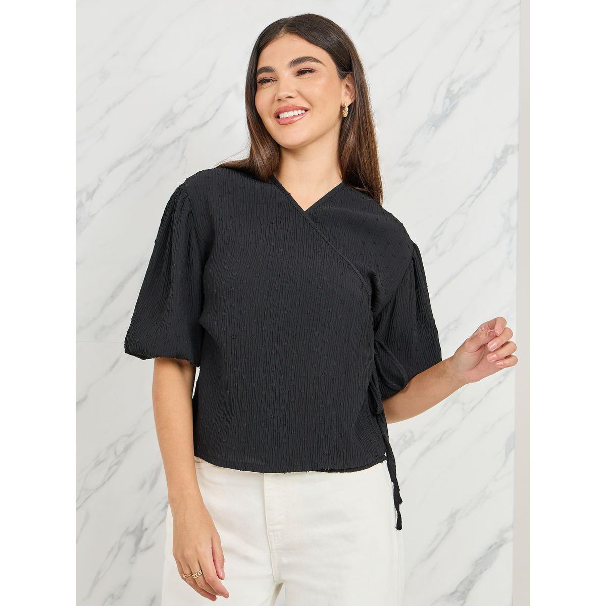 قميص لفافة بأكمام بالون ذات ملمس من ستيلي دوبي-women-clothing-shirtsandblouses-blouses-image-1