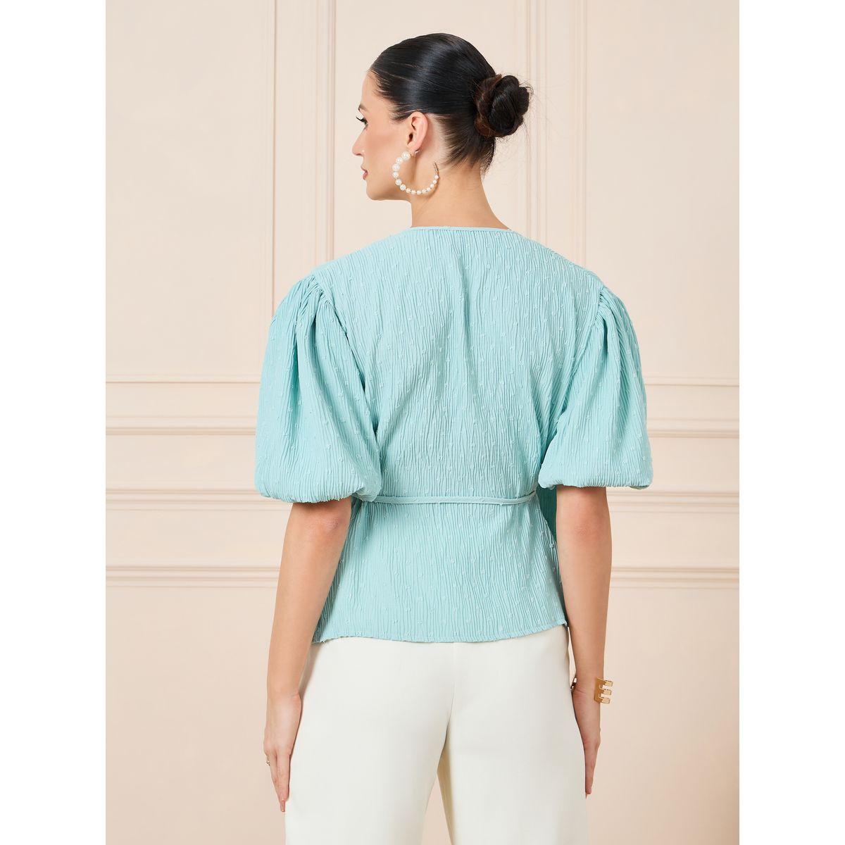 Styli Dobby Textured Balloon Sleeves Wrap Top-women-clothing-shirtsandblouses-blouses-image-4