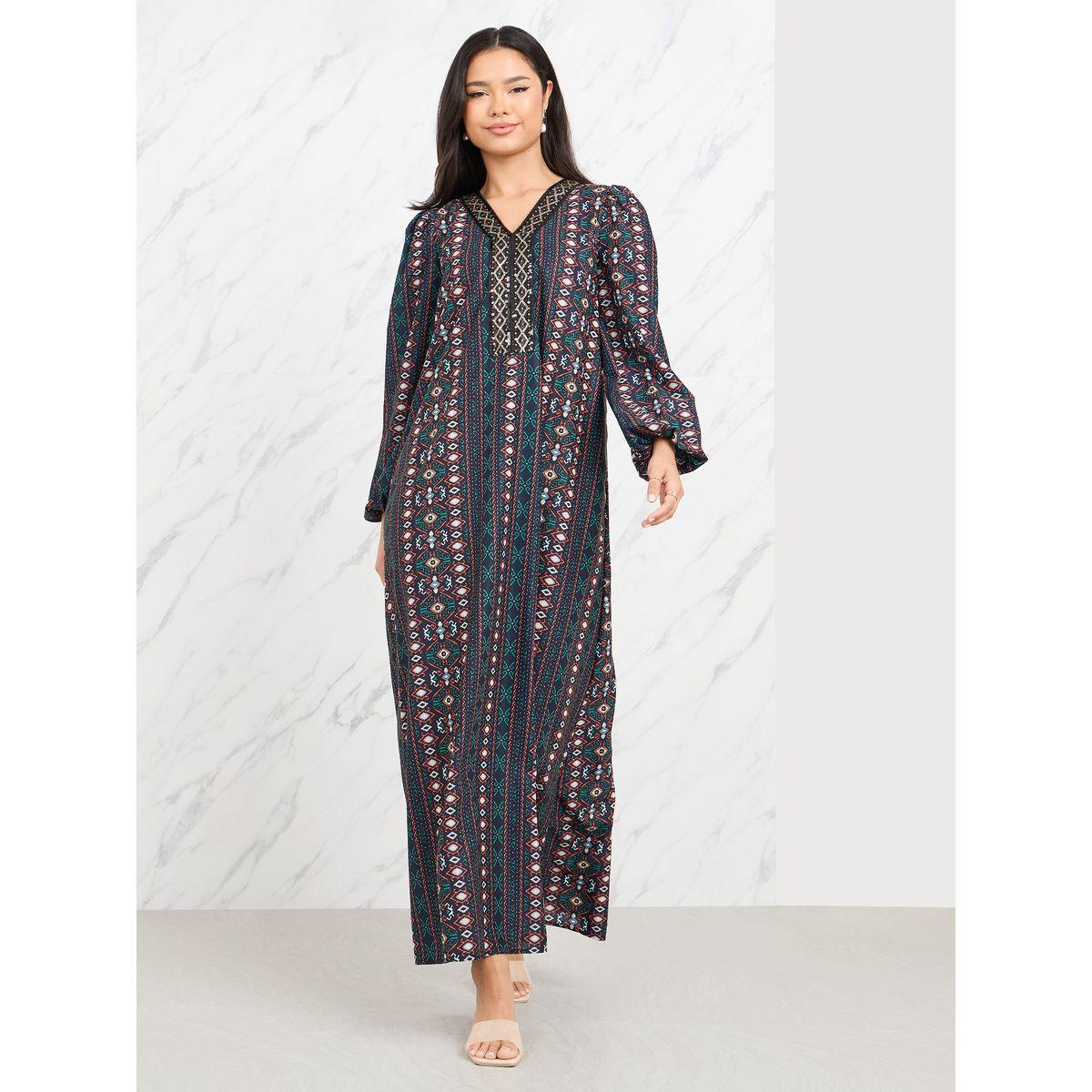 Styli Sequin Lace Neck Detail AOP Jalabiya-women-arabicclothing-jalabiyas-image-1