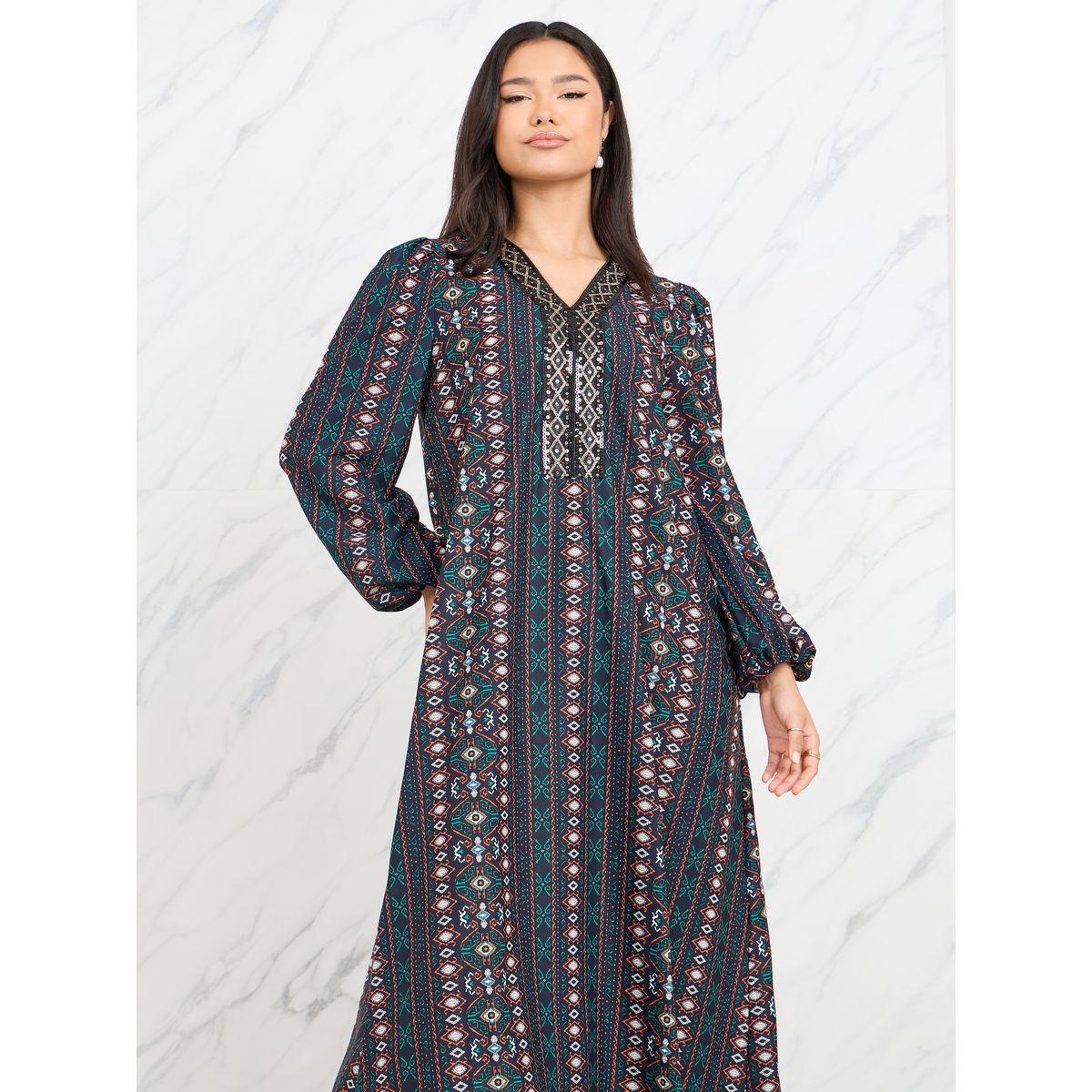 Styli Sequin Lace Neck Detail AOP Jalabiya-women-arabicclothing-jalabiyas-image-2